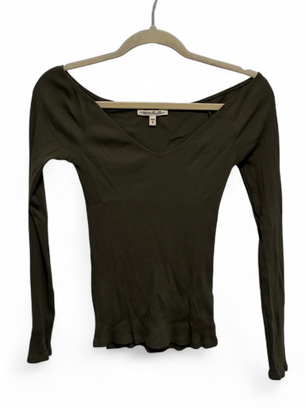 Y2K Express Green Ribbed Off Shoulder Long Sleeve Top